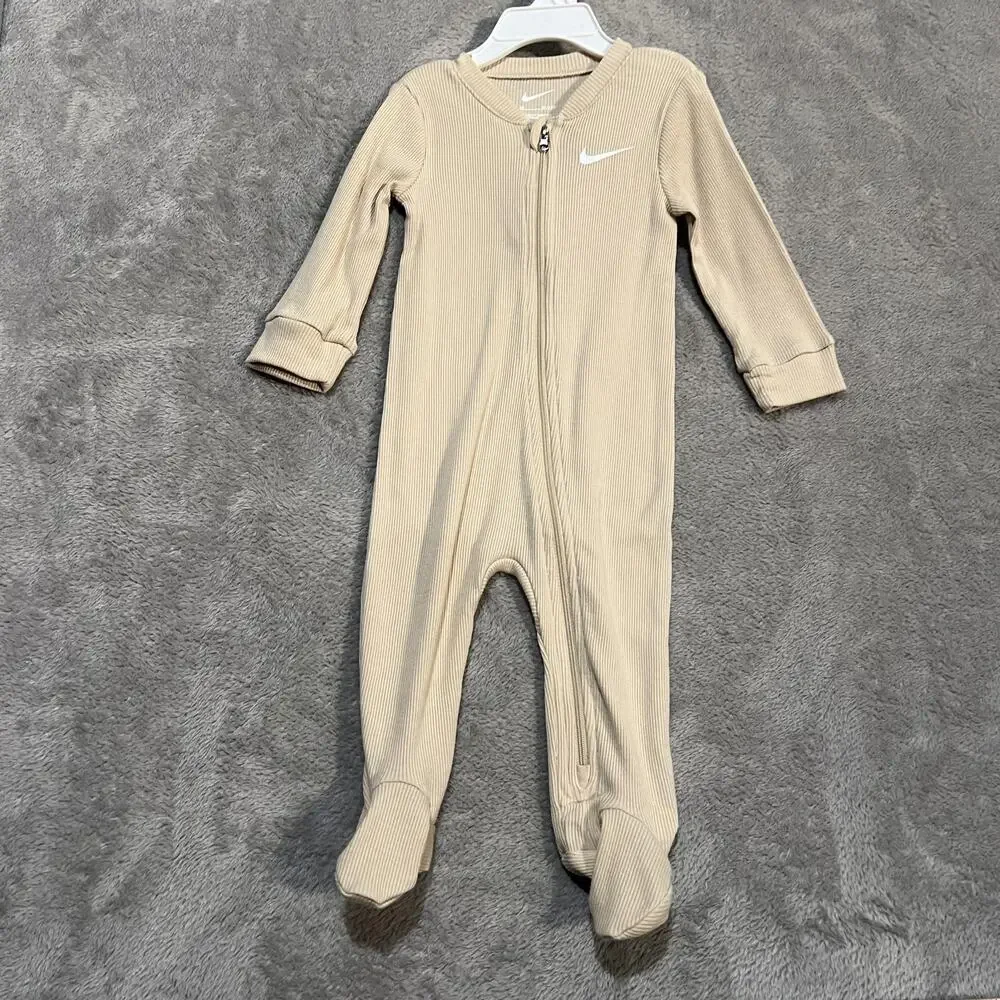 Nike Coverall Baby 9M Beige Ribbed Zip Footed Long Sleeve One-piece Swoosh Logo